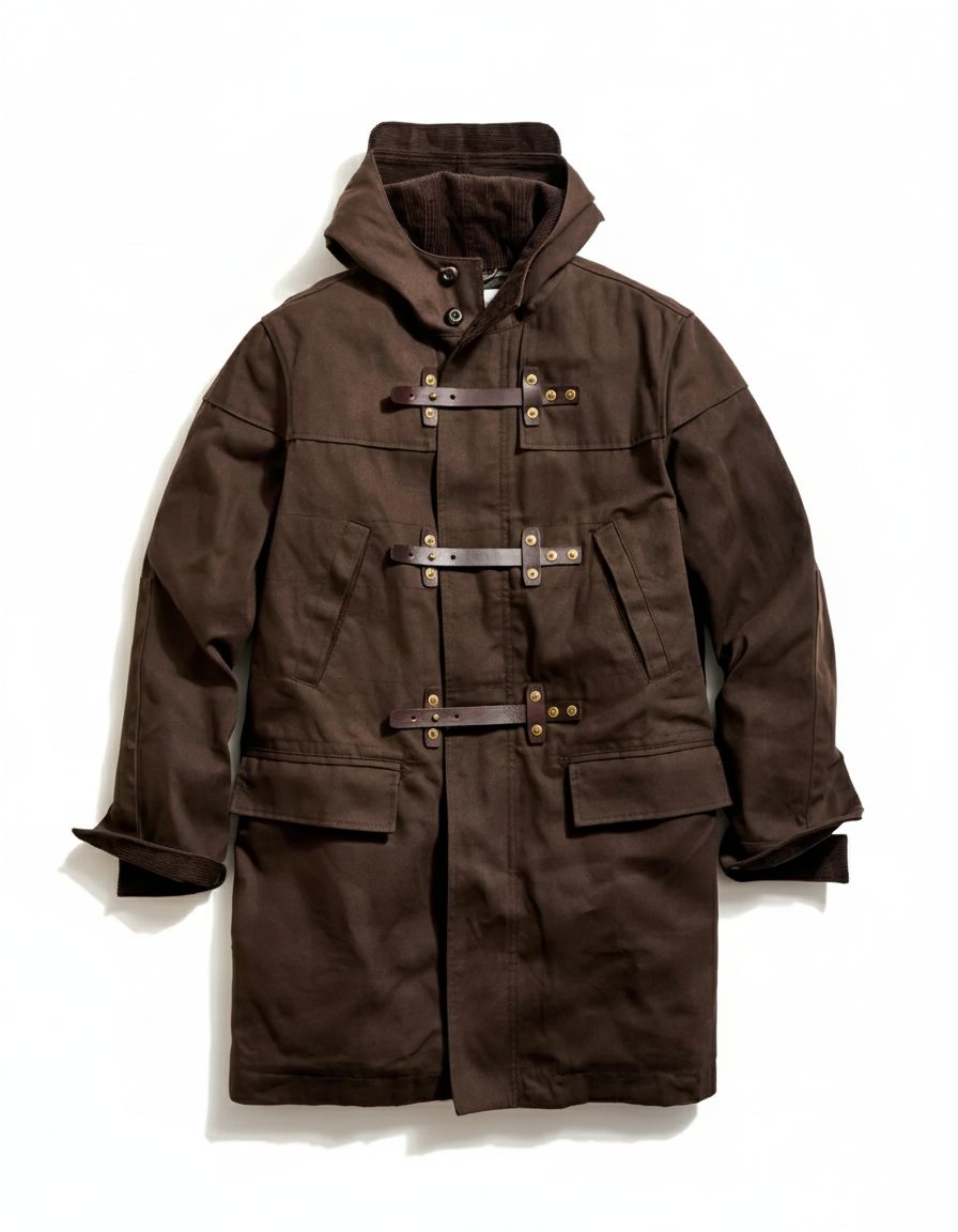 Waxed Canvas Duffle Coat with Leather Details